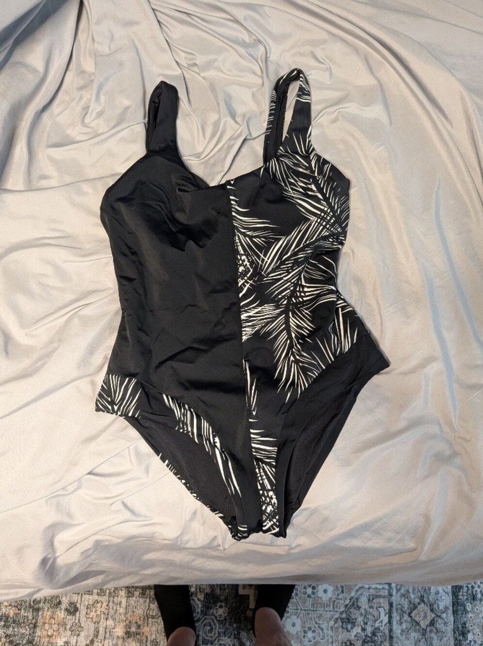 Black One-Piece Swimsuit with White Palm Print